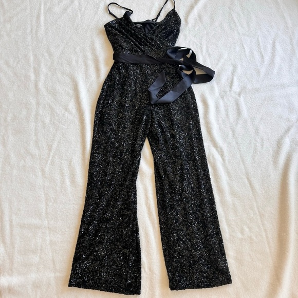 Express Sequin V-Neck Tie Waist Wide Leg Jumpsuit Size XS - Picture 4 of 11